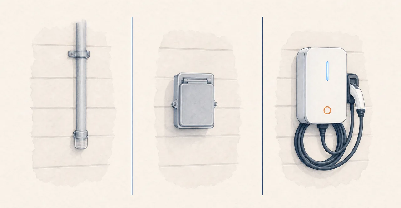 Conduit alone, a covered receptacle, and installed charging equipment with a cable