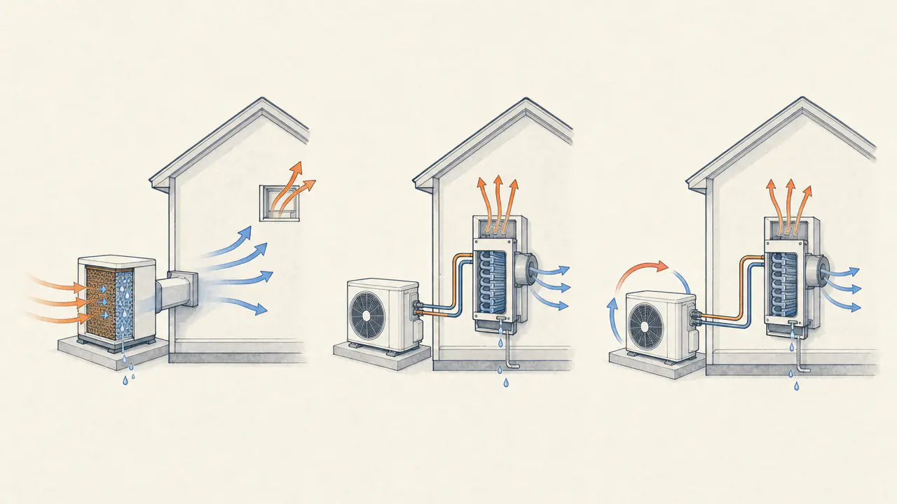 Simplified airflow and moisture paths for an evaporative cooler, AC, and heat pump