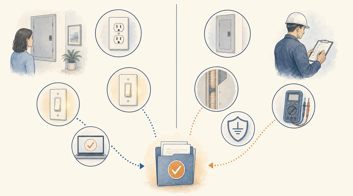 Homeowner-visible checks and professional electrical verification flow into a documented handoff