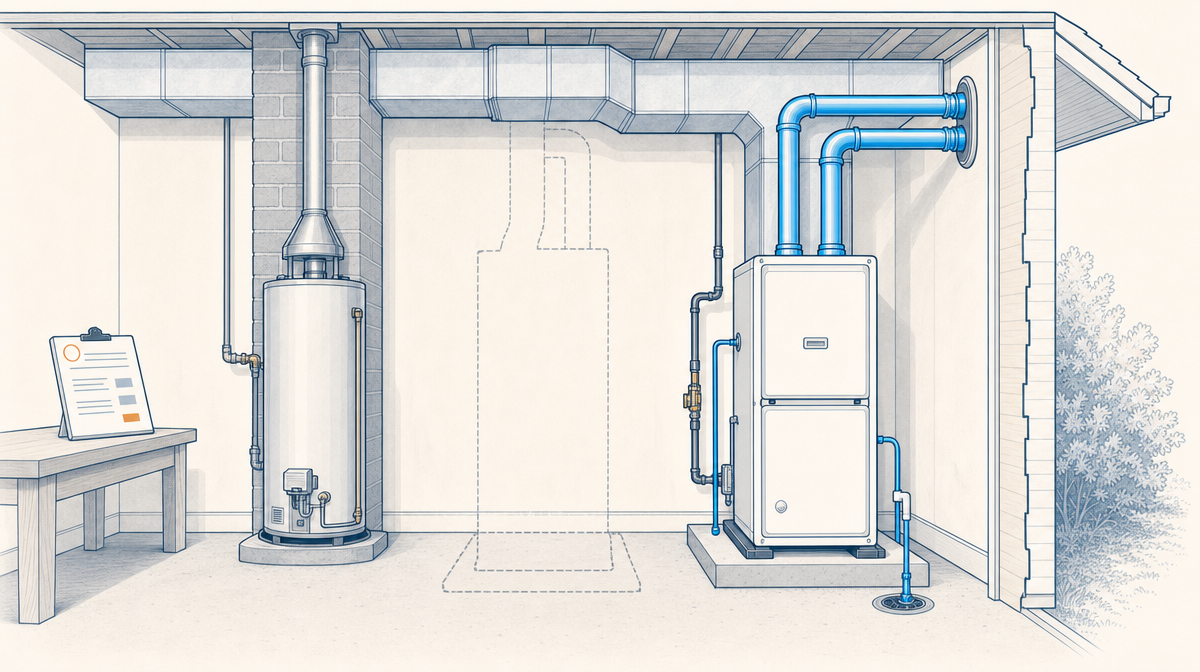 Diagram of a possible high-efficiency furnace replacement, with a new furnace using exterior vent pipes and a condensate drain beside a water heater on an existing chimney.