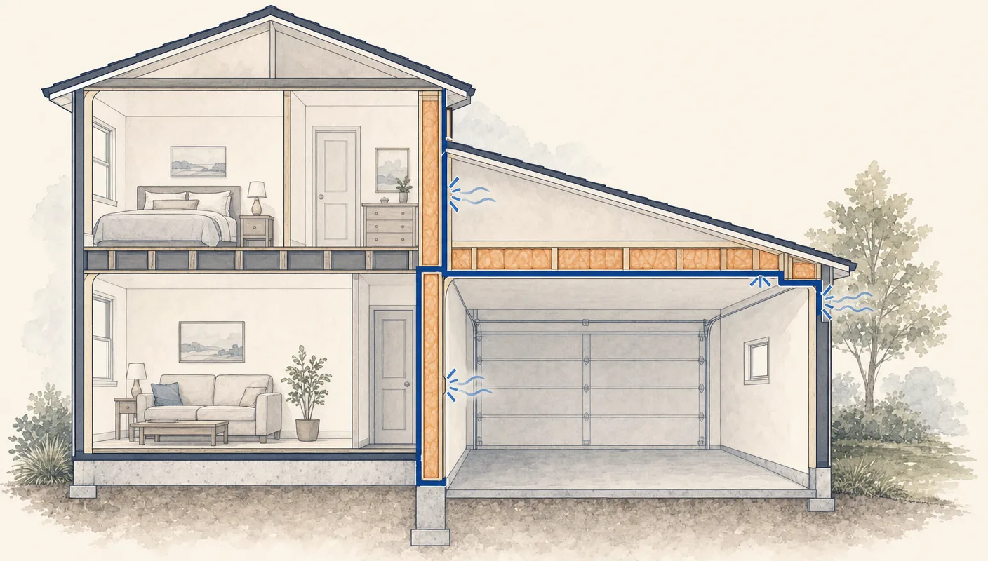 Cutaway of a house and attached garage with insulation at the shared wall and floor above