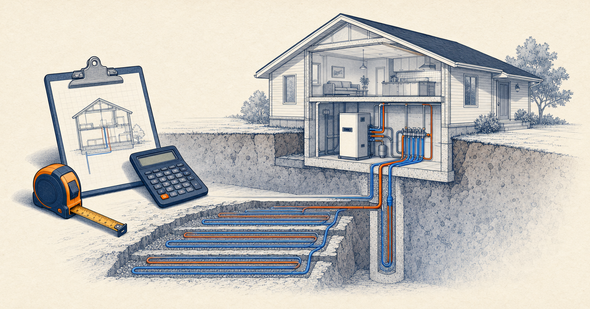 Cutaway house showing horizontal and vertical geothermal ground loops connected to an indoor heat pump