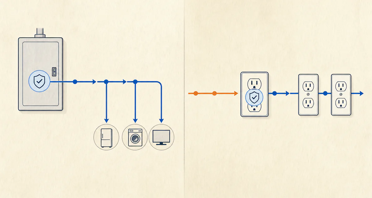 Simplified GFCI coverage from the panel or a receptacle to downstream loads