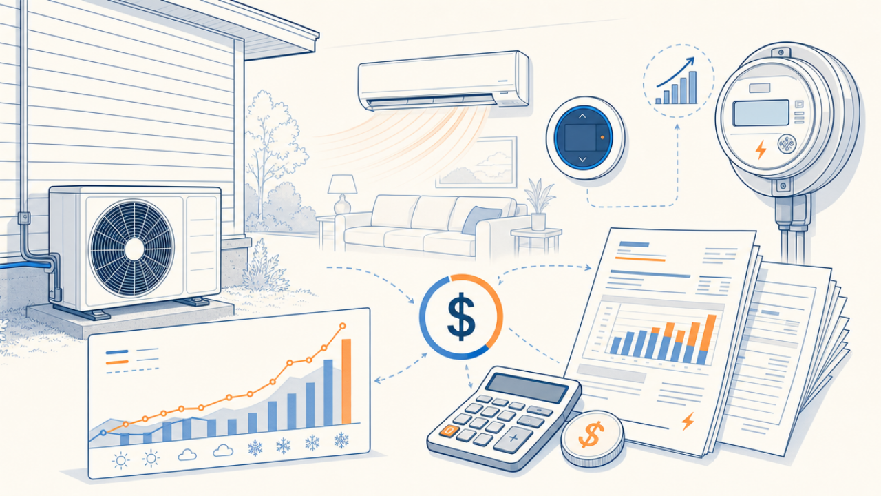 Air-source heat pump cost inputs and a seasonal electricity-use chart