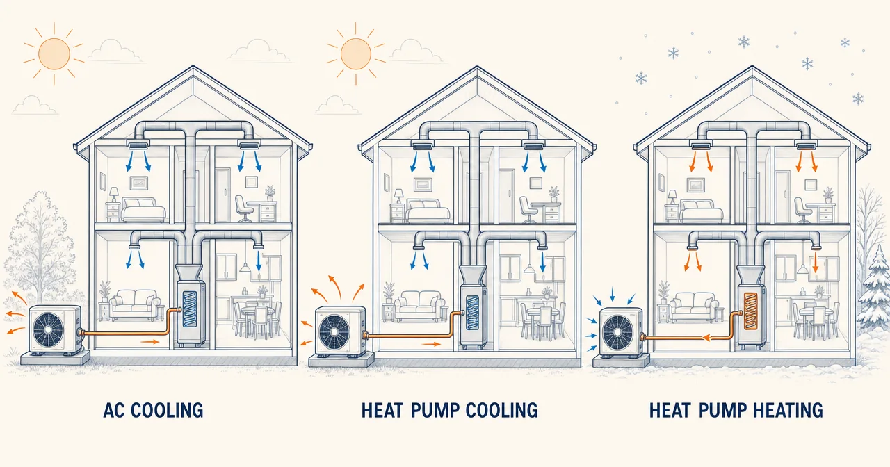 Air conditioner cooling and reversible heat pump heat flow