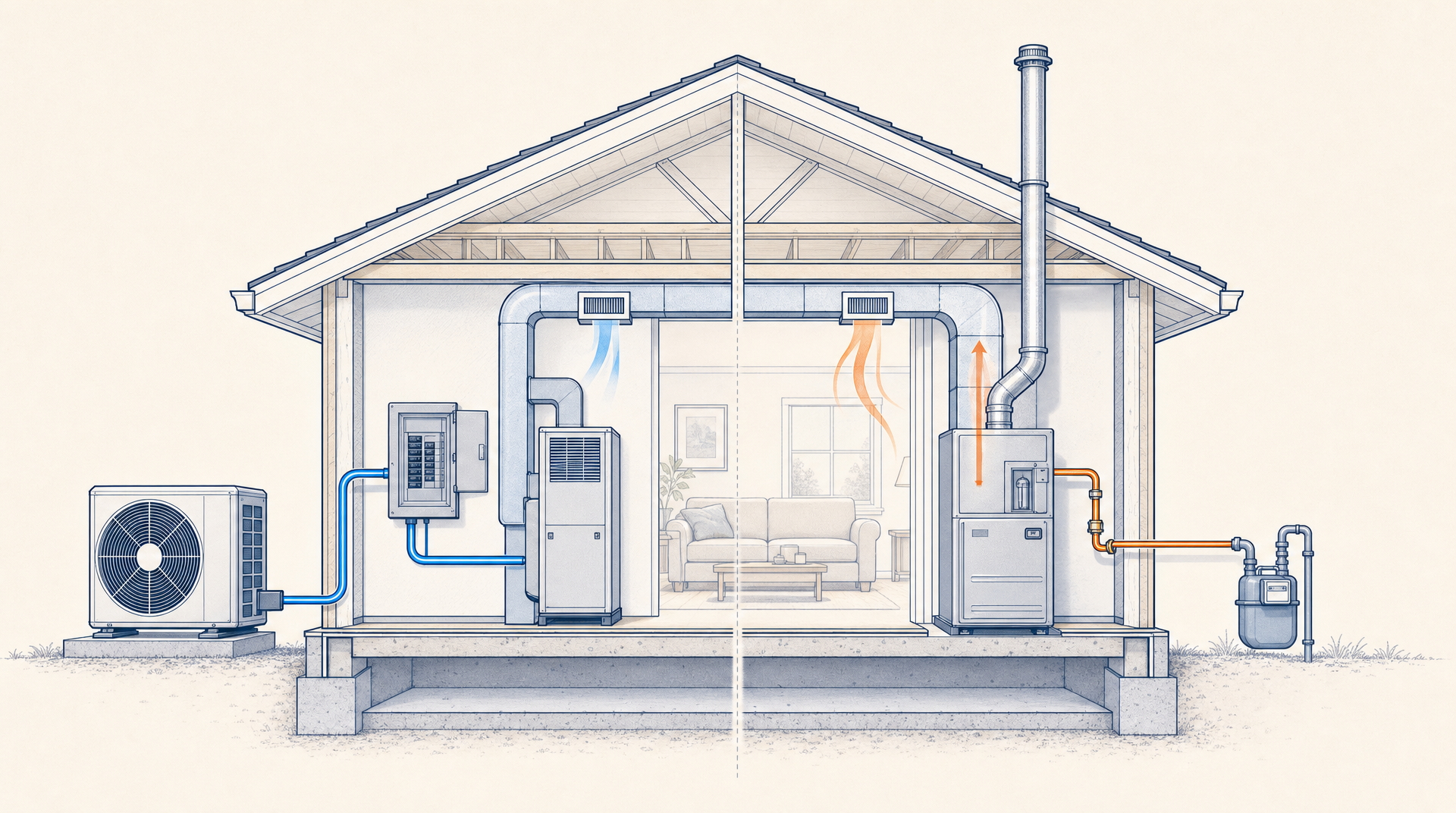 A home-system comparison showing a heat pump connected to an electrical panel on one side and a gas furnace connected to gas supply and venting on the other.