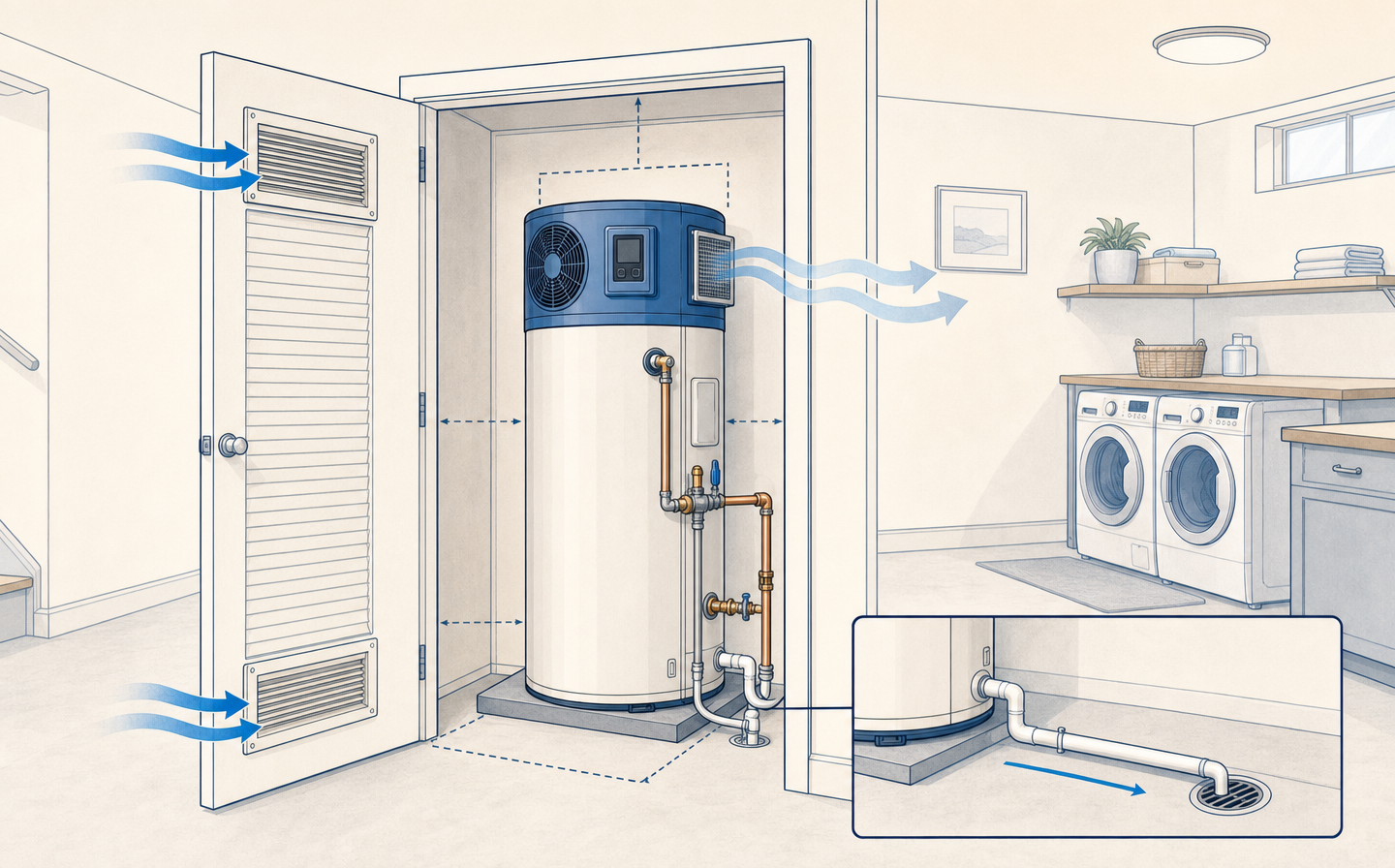 Heat pump water heater closet airflow and condensate routing