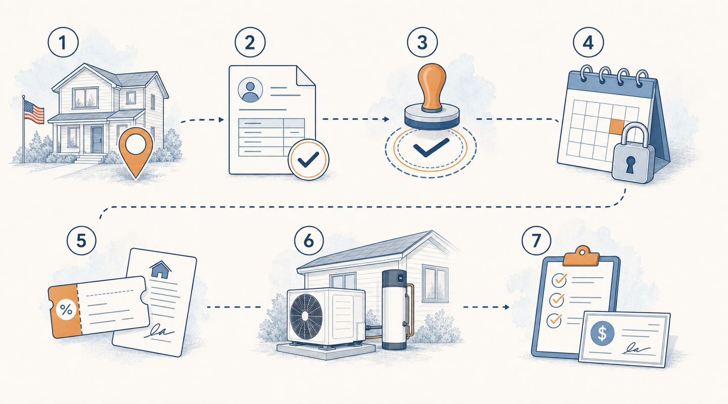 HEEHR application flow from state status and income verification to approval, reservation, installation, inspection, and final claim