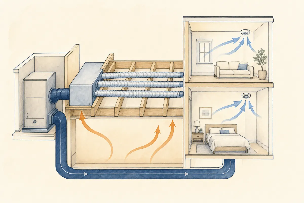Small-duct high-velocity HVAC supply and return paths in an older home