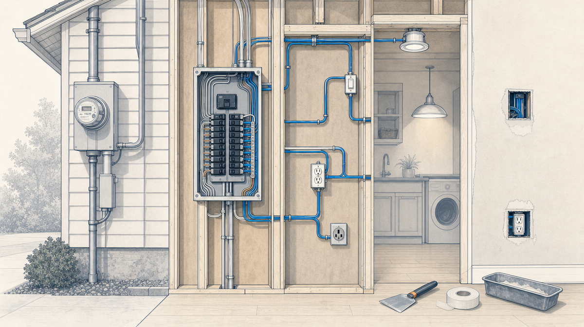 House diagram showing branch circuits, the electrical panel, utility service, and wall access