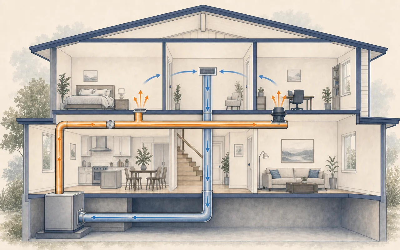 Simplified HVAC supply and return airflow paths with a balancing damper and an airflow hood