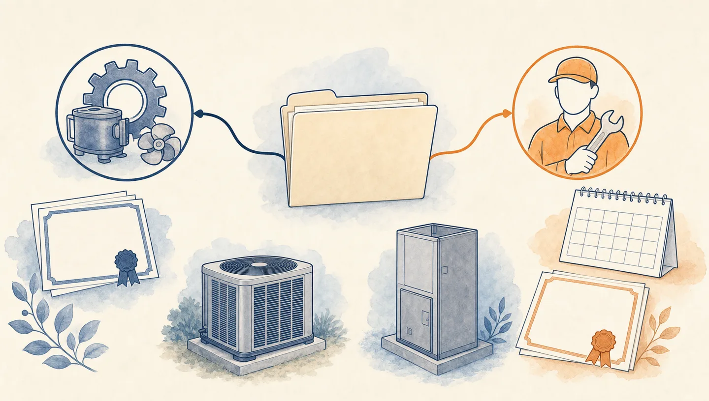 HVAC warranty records branching into manufacturer parts and installer labor