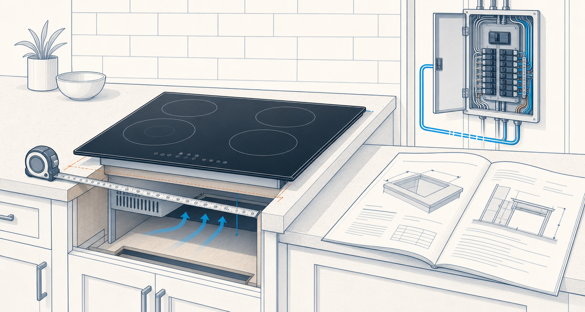 Induction cooktop over a measured countertop opening, with below-counter cooling airflow and an electrical panel shown in the installation plan