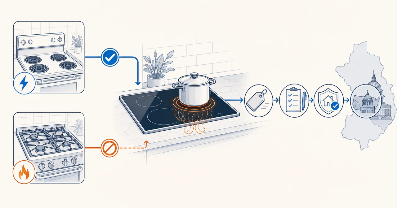 An induction cooktop beside a gas range with rebate and state-program symbols.