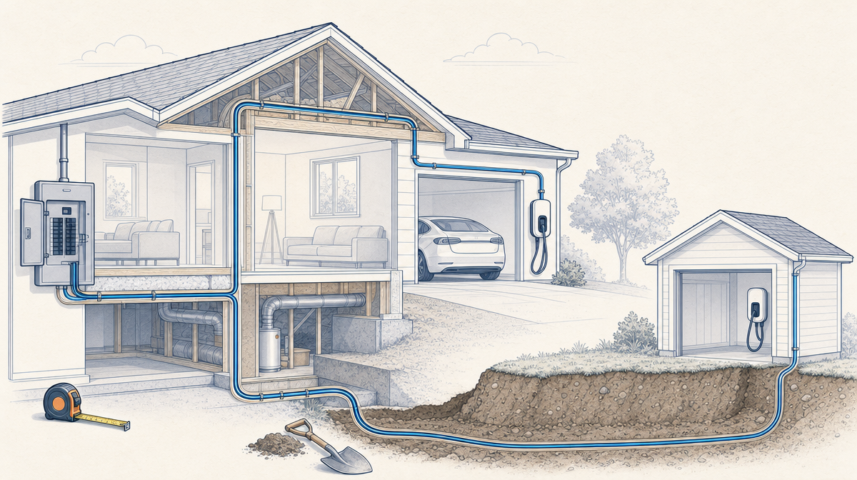 Electrical panel routes through attic, crawlspace, and trench to attached and detached garage chargers