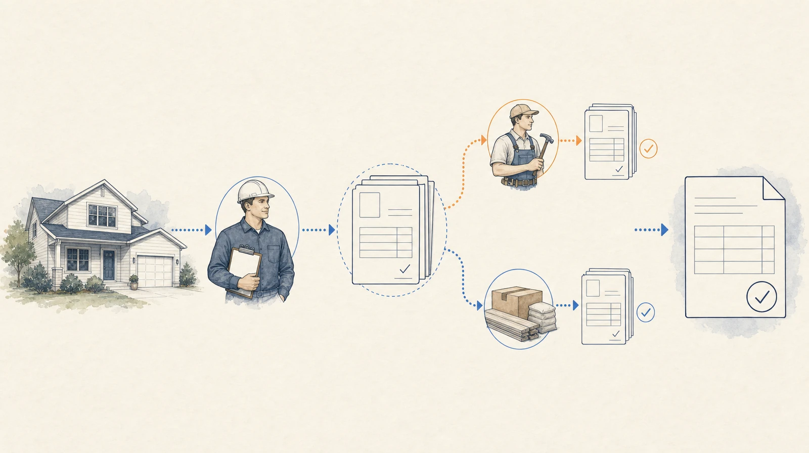 Illustrated homeowner, contractor, subcontractor, and supplier payment chain with project-record papers and check marks
