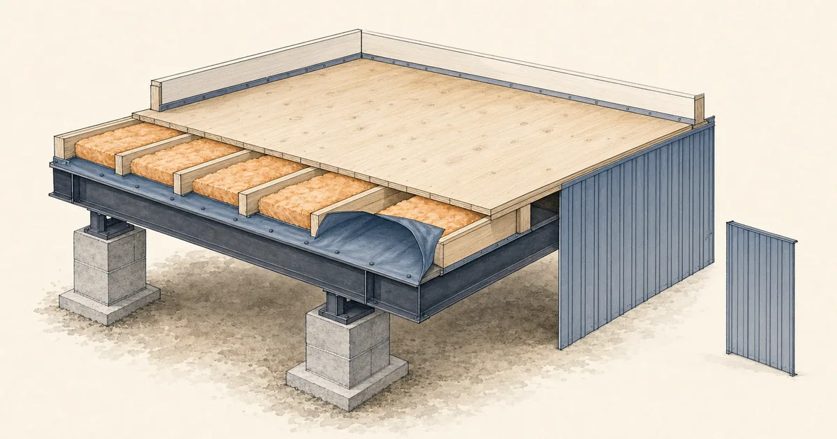 Manufactured-home floor cutaway showing insulation, the bottom barrier, and removable skirting
