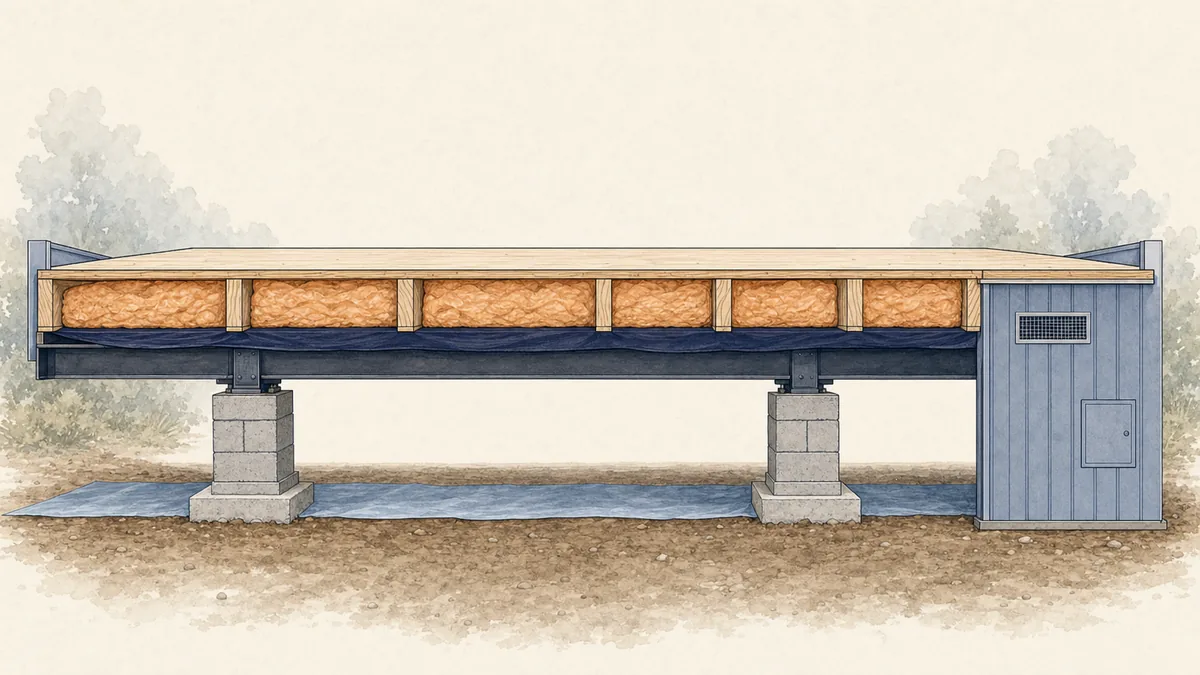 Cutaway distinguishing floor insulation, belly wrap, perimeter skirting and the ground moisture cover