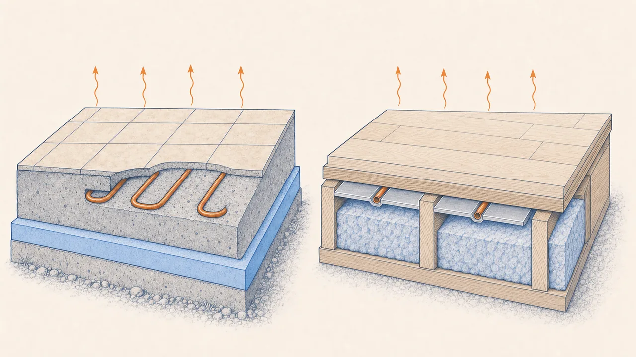 Tubing embedded in an insulated slab beside tubing in aluminum plates beneath a wood subfloor.