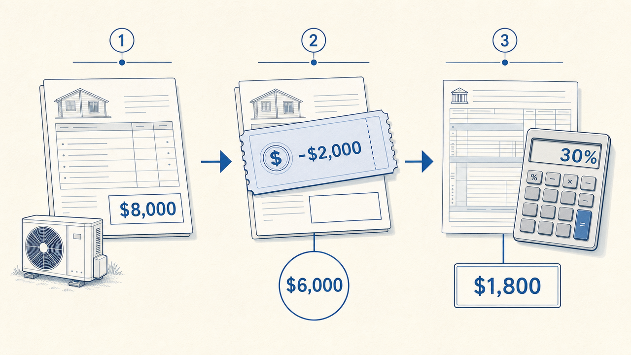 Calculation flow subtracting a $2,000 rebate from an $8,000 qualified cost before applying a 30% tax credit