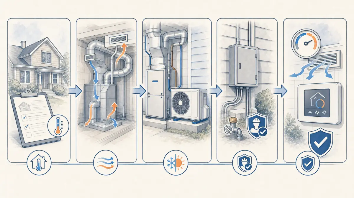 Professional workflow for replacing a furnace with a heat pump
