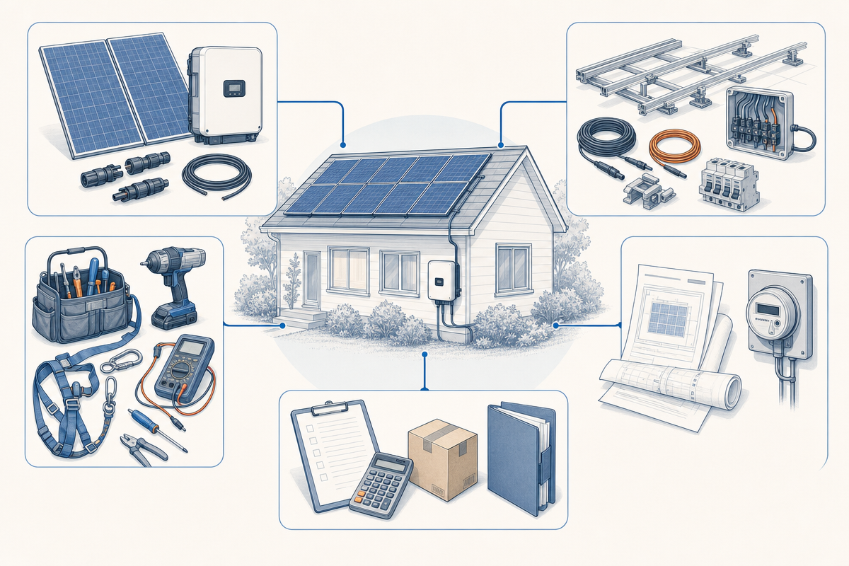 The main hardware, fieldwork, design, permitting, utility, logistics, and business components of an installed rooftop solar project