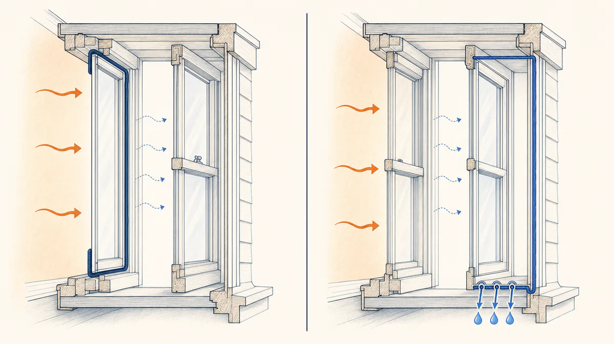 Interior storm air seal and exterior storm drainage paths