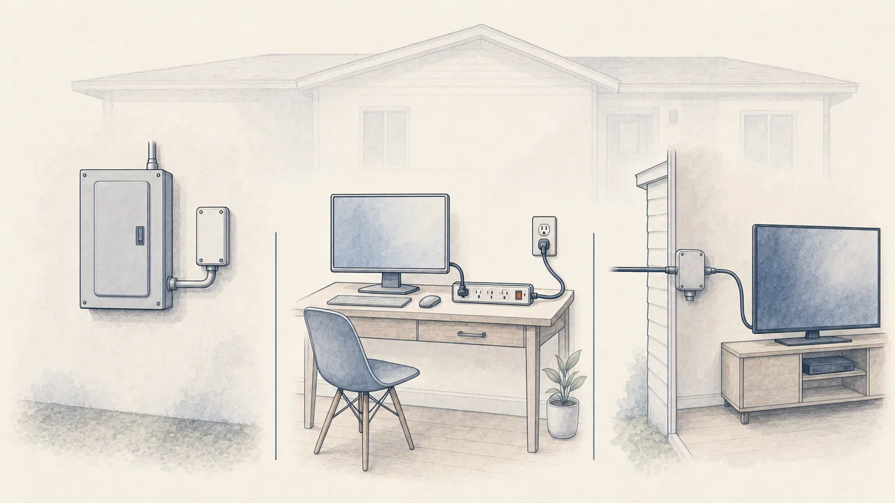 Panel protection, point-of-use protection and incoming communications protection shown as separate layers in a home.