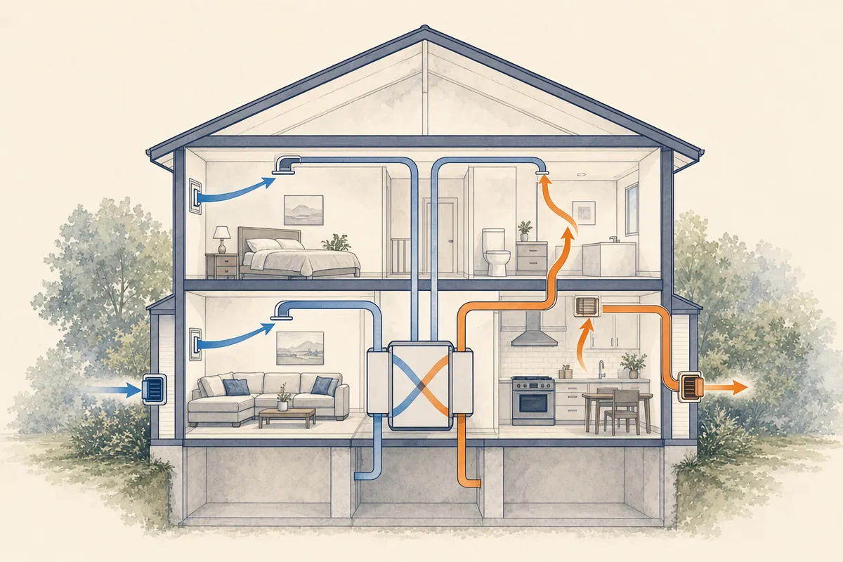 Simplified whole-house ventilation airflow showing outdoor supply, indoor exhaust, and a balanced recovery core