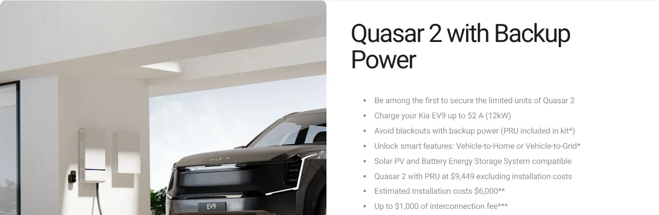 Wallbox Quasar 2 backup package with an EV9 and the required home equipment