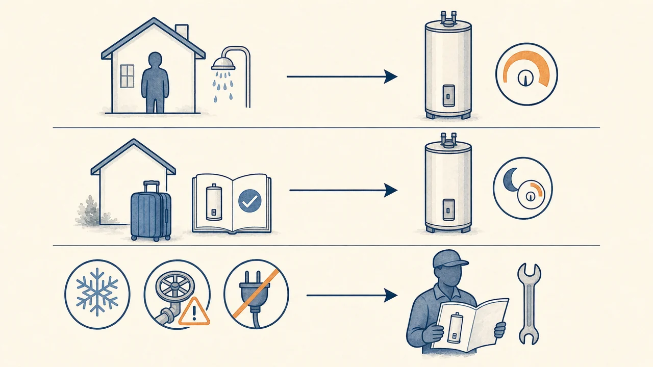 Three away decisions: hot-water demand means normal operation, an eligible empty home means documented vacation mode, and freeze or supply risks need a professional plan