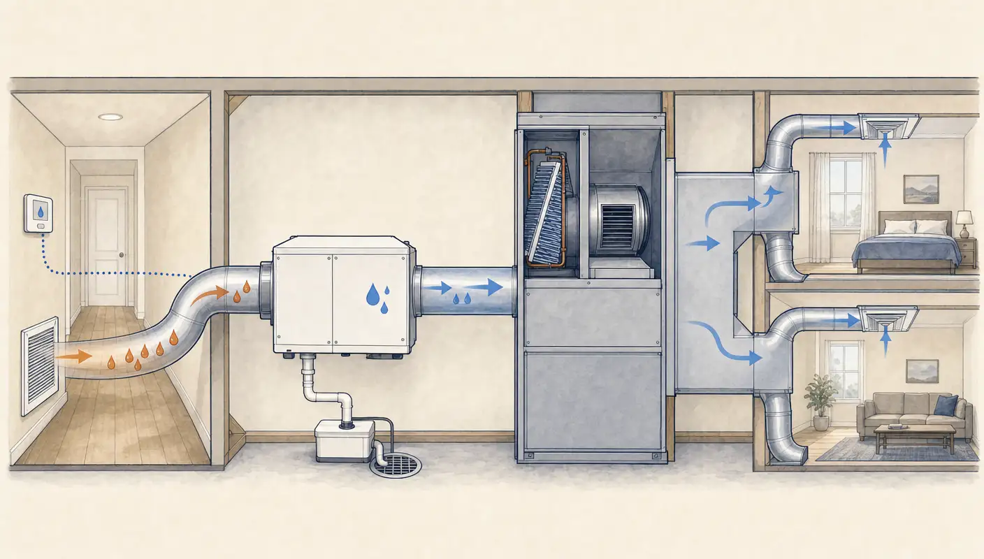 Simplified whole-house dehumidifier layout showing a central return, dehumidifier, supply plenum, humidistat, and condensate drain