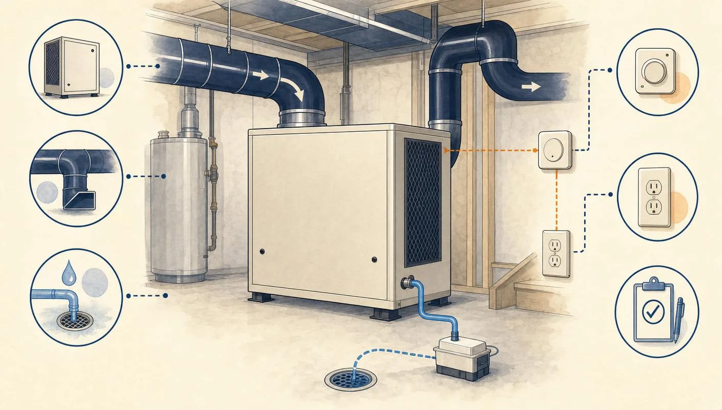 Whole-house dehumidifier quote scope showing equipment, ductwork, condensate drainage, controls, electrical connection, and permit checkpoints