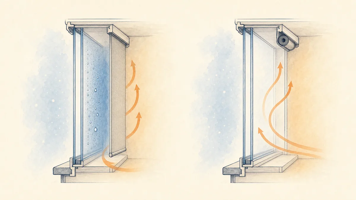 A lowered blind blocks warm room air from cold glass; a raised blind allows circulation.