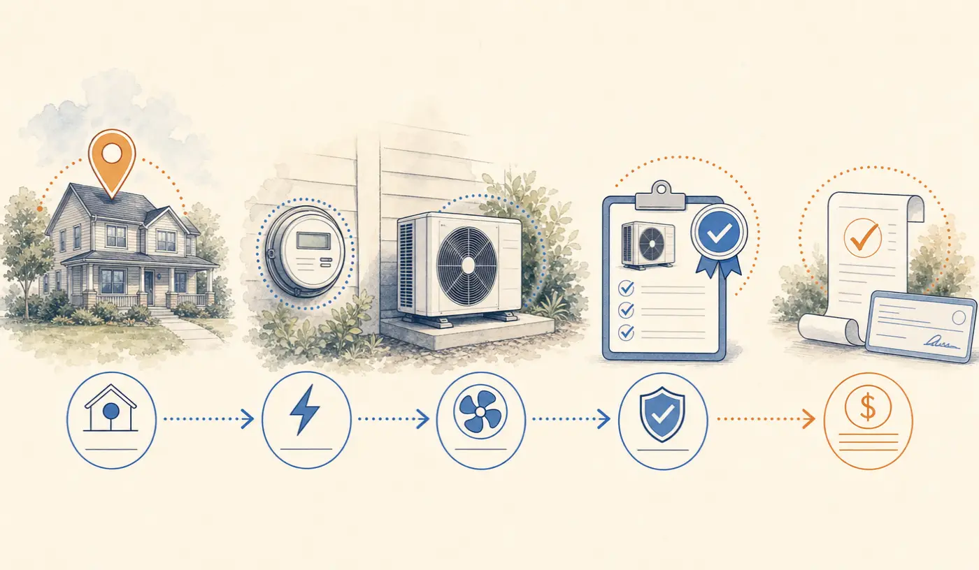 California heat pump rebate workflow from address and utility to equipment eligibility, reservation, and payment